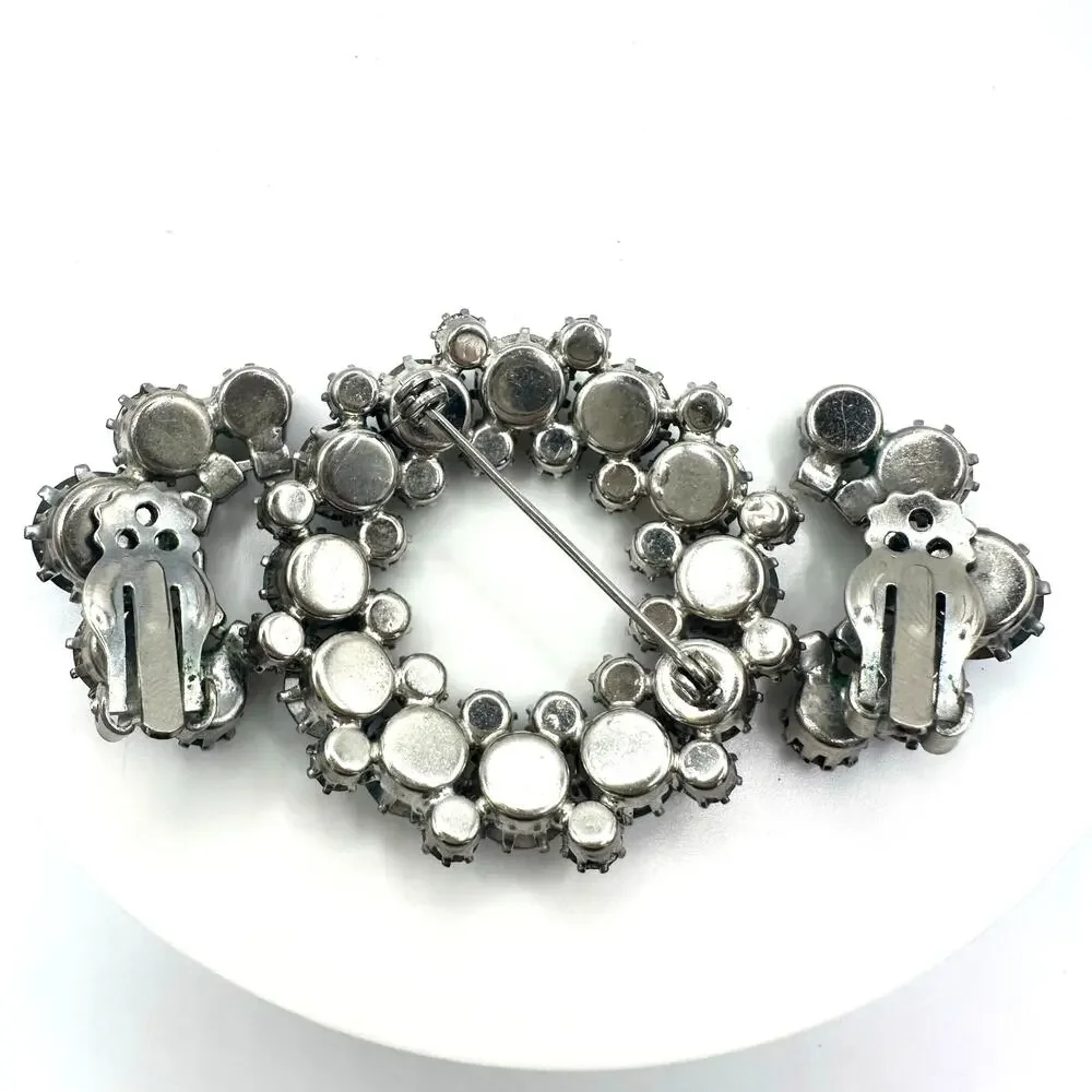 Vintage silver tone clear blue AB rhinestones wreath brooch clip on earrings